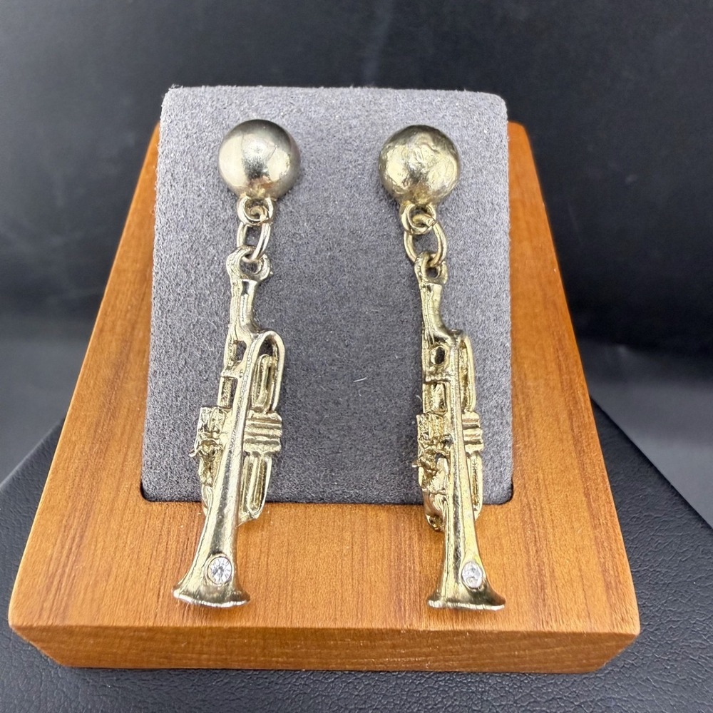 Vintage Pierced Earrings Trumpet Gold Tone Musician